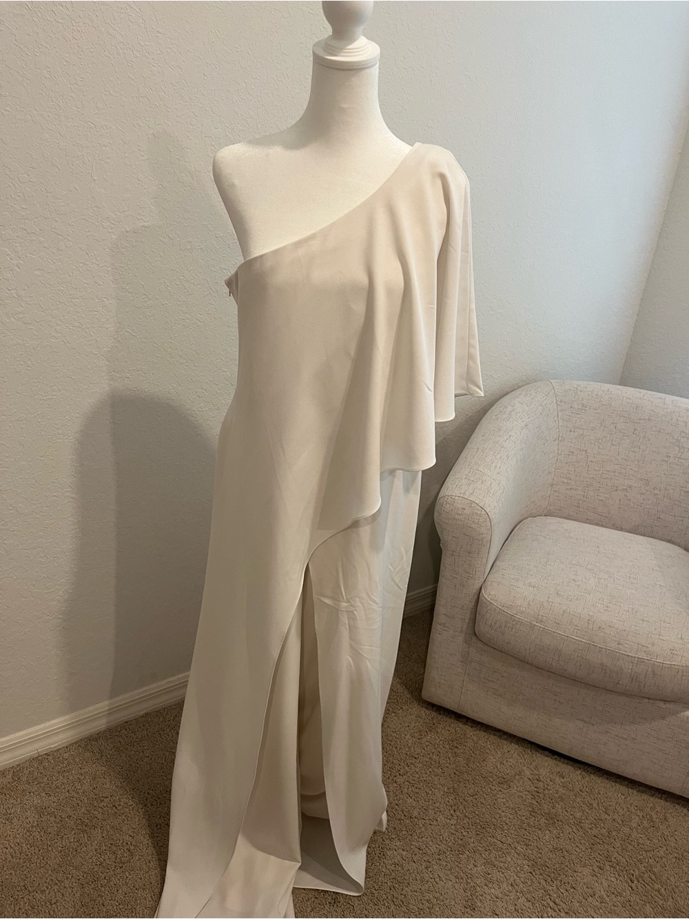 MARINA One-Shoulder Cream Draped Evening Dress